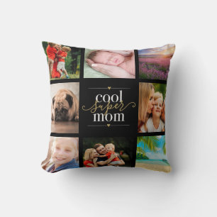 Cool Super Mum 8 Photo Collage Black And Gold Cushion