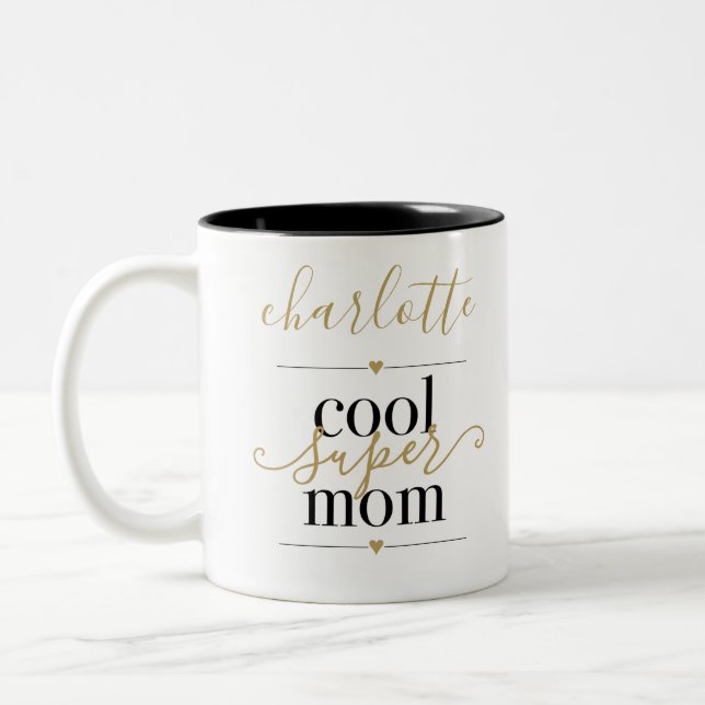 Cool Super Mum Personalised Black And Gold Two-Tone Coffee Mug (Left)