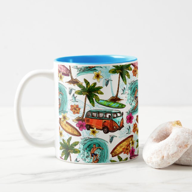 Cool surf beach pattern Two-Tone coffee mug (With Donut)