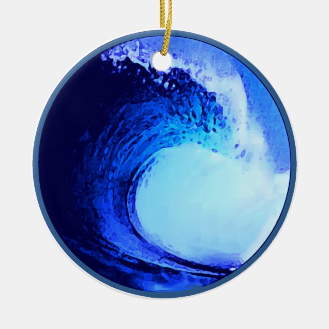 cool surf style blue wave ceramic ornament (Front)