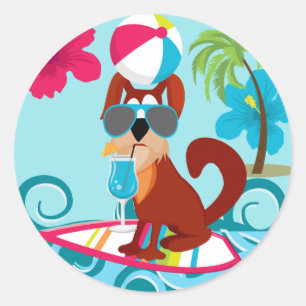 Cool Surfer Dog Surfboard Summer Beach Party Fun Classic Round Sticker