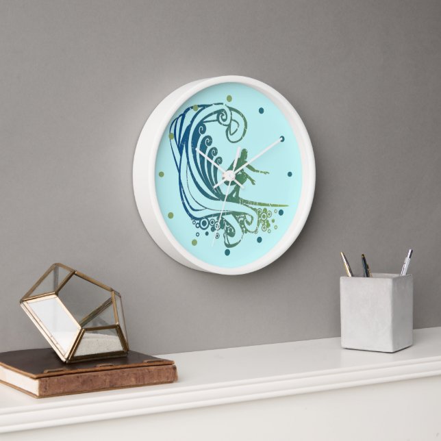Cool Surfer Riding Teal Blue Ocean Waves Clock (Office)
