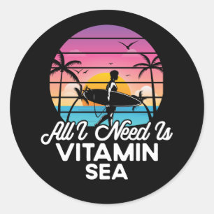 Cool surfer vitamin sea word art classic round sticker
