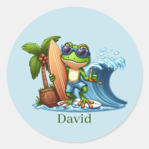 Cool surfing frog add name  classic round sticker