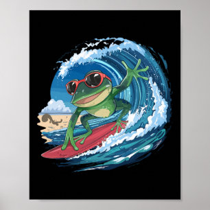 Cool Surfing Frog With Sungles And Waves For A Sur Poster