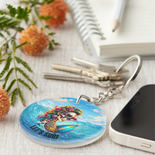Cool surfing lovers word art  key ring