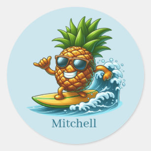 Cool surfing pineapple add name classic round sticker