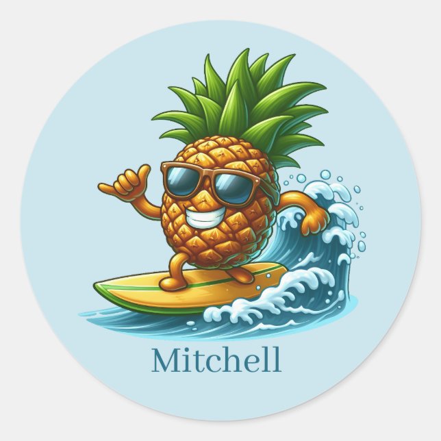 Cool surfing pineapple add name classic round sticker (Front)