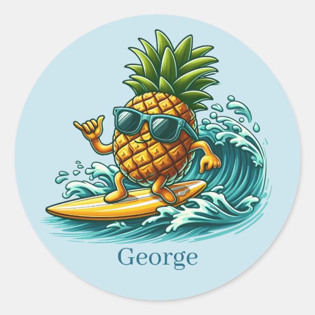 Cool surfing pineapple add name classic round sticker (Front)