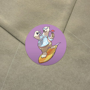 Cool Surfing Polar Bear with Cocktail Cartoon Classic Round Sticker