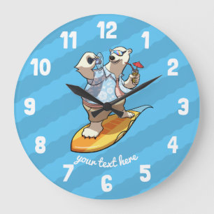Cool Surfing Polar Bear with Cocktail Cartoon Large Clock