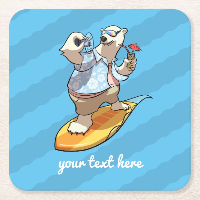 Cool Surfing Polar Bear with Cocktail Cartoon Square Paper Coaster (Front)