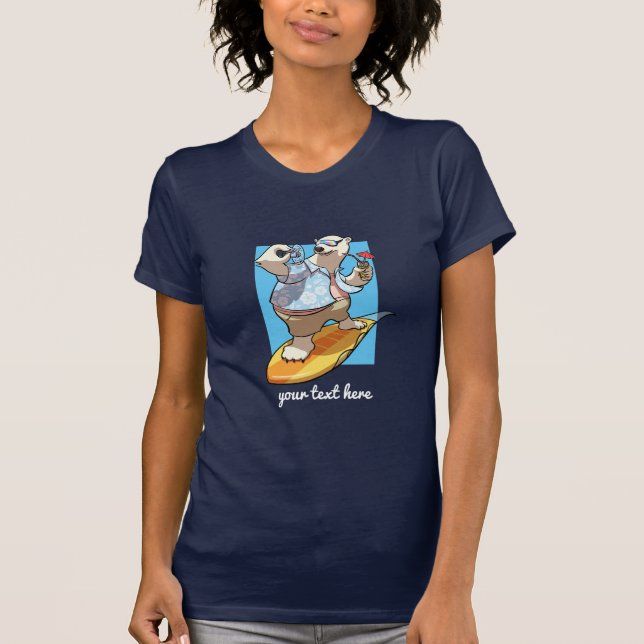 Cool Surfing Polar Bear with Cocktail Cartoon T-Shirt (Front)