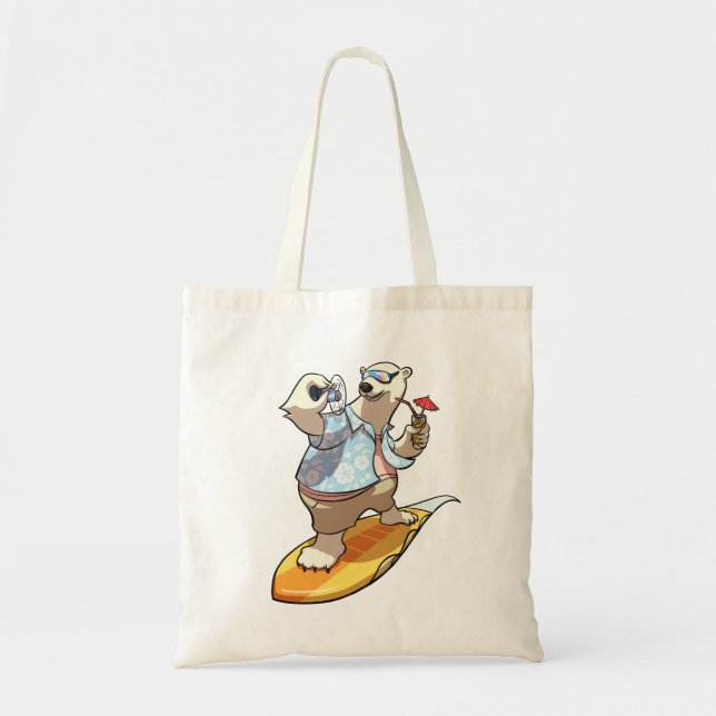 Cool Surfing Polar Bear with Cocktail Cartoon Tote Bag (Front)