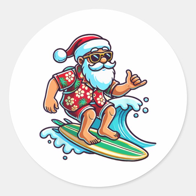 Cool Surfing Santa Christmas In July Summer Beach  Classic Round Sticker (Front)
