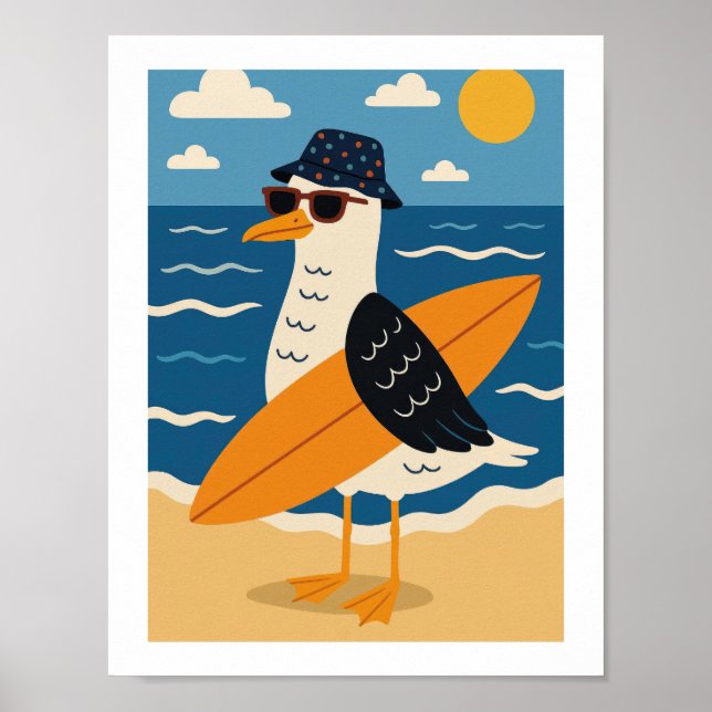 Cool Surfing Seagull Retro Beach Vacation Poster (Front)