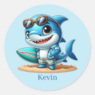 Cool surfing shark add name  classic round sticker