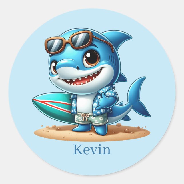 Cool surfing shark add name  classic round sticker (Front)