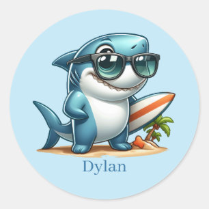 Cool surfing shark add name  classic round sticker