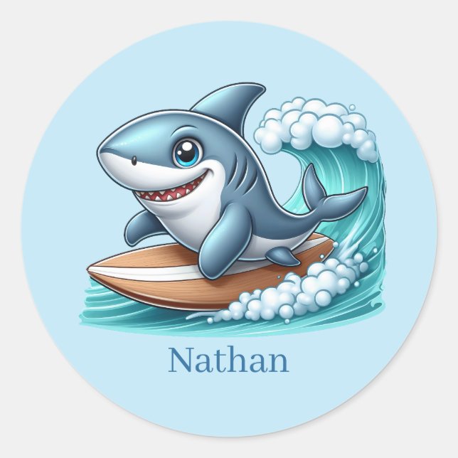 Cool surfing shark add name classic round sticker (Front)
