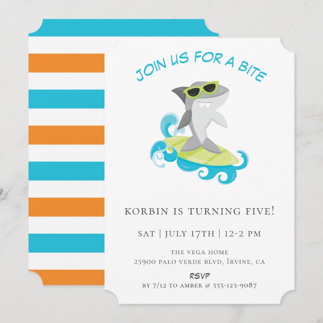 Cool Surfing Shark Birthday Party Invitation (Front/Back)