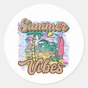 Cool surfing skeletons Summer vibes word art  Classic Round Sticker
