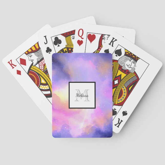 Cool Surreal Space Clouds Watercolor Monogram Playing Cards (Back)
