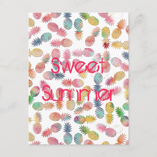 Cool “sweet summer” watercolor pineapples pattern postcard (Front)