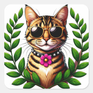 Cool Tabby Cat With Sunglasses And Flowers 🐱 Square Sticker