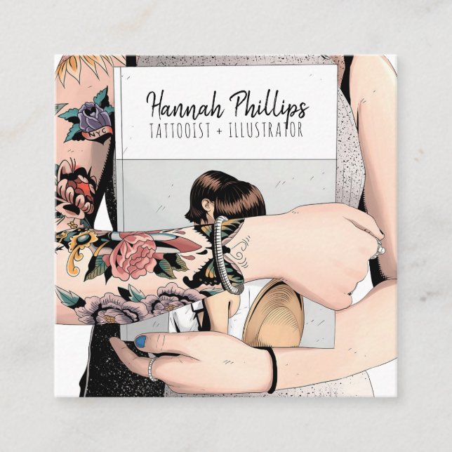 Cool tattoo girl illustration trendy script white square business card (Front)