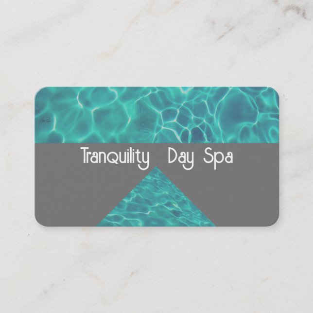 cool teal blue water tranquil spa on grey  business card (Front)