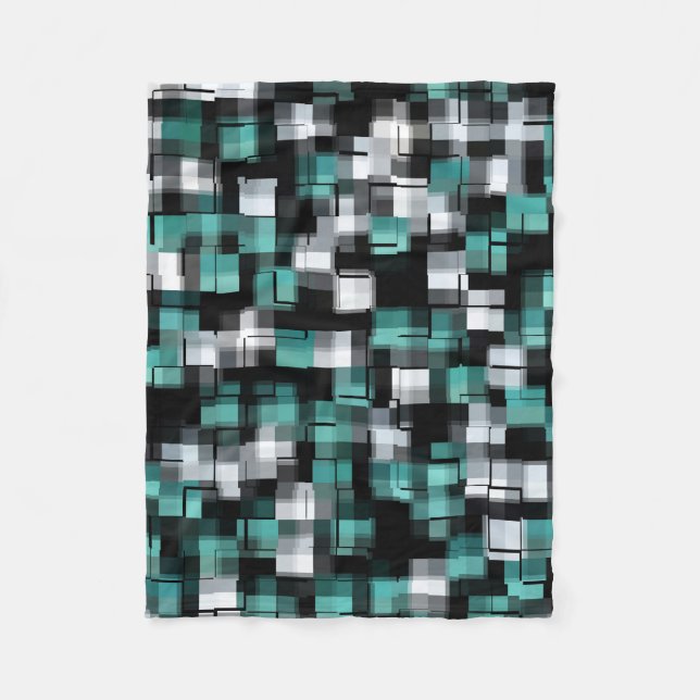 COOL Teal Green Blue Black White Abstract Plaid Fleece Blanket (Front)