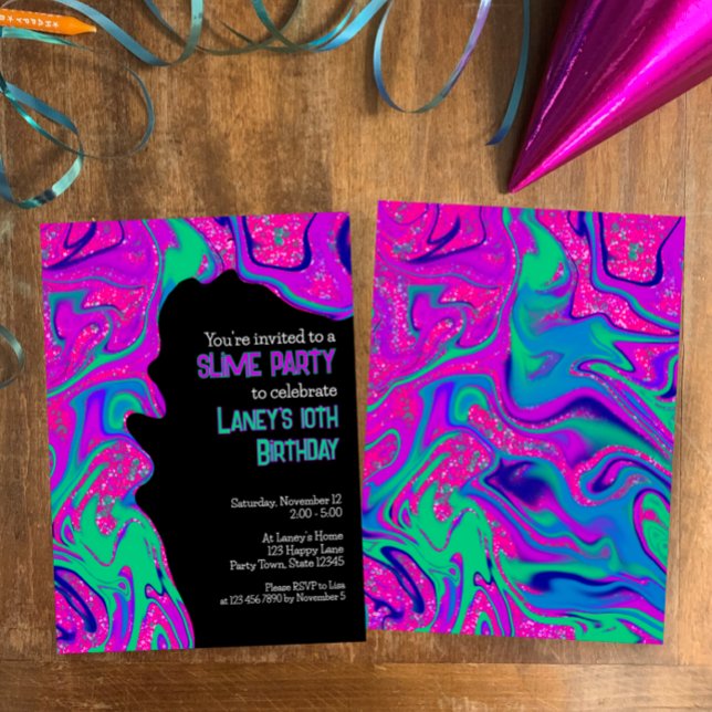 Cool Teal Purple Glitter Girl Birthday Slime Party Invitation (Unique bright pink purple teal swirls. Slime party invitation for girls birthday party. Fun, cool.)