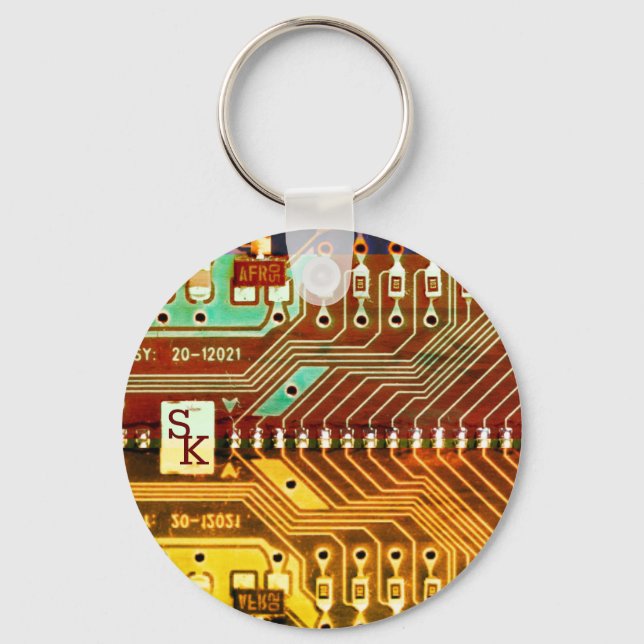   Cool Teal Yellow Unique Retro Steampunk Monogram Key Ring (Front)