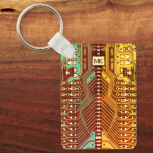 Cool Teal Yellow Unique Retro Steampunk Monogram Key Ring