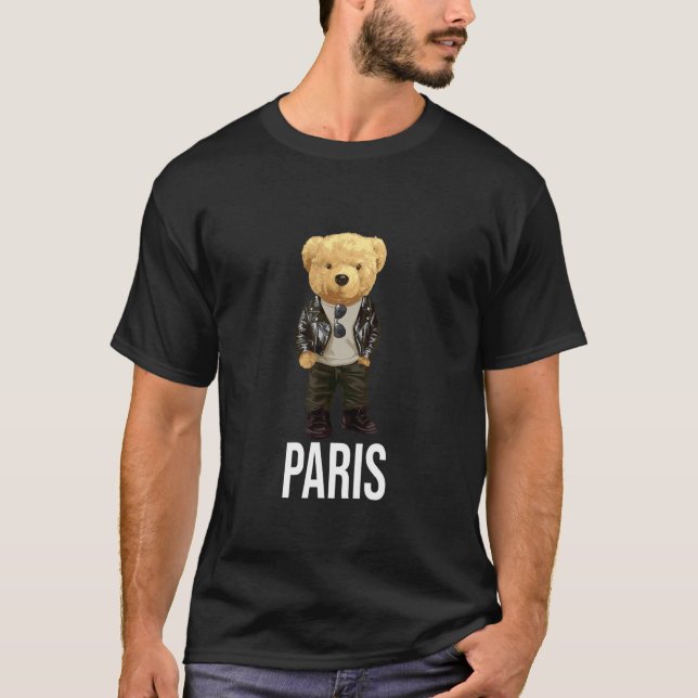 Cool Teddy Bear in Paris France Illustration Graph T-Shirt (Front)