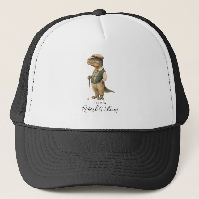 Cool Tee-Rex Golfer Dinosaur Signature Name Trucker Hat (Front)