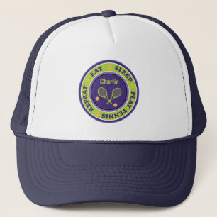 Cool tennis slogan, purple and green trucker hat
