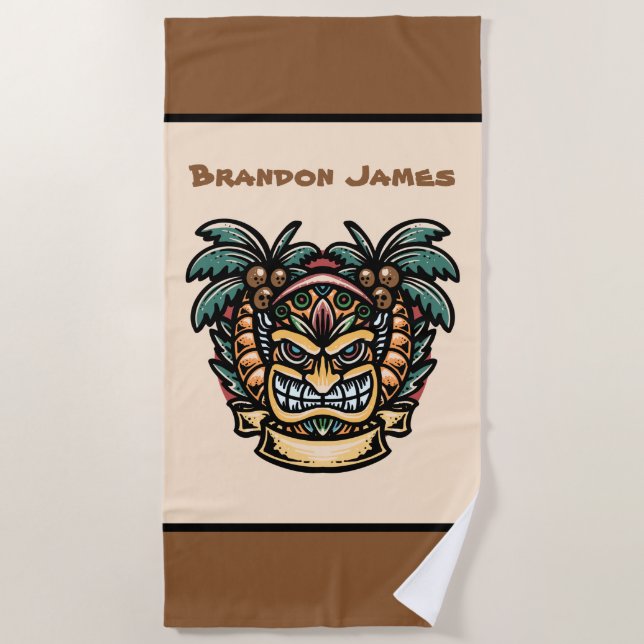 cool tiki head add name beach towel (Front)