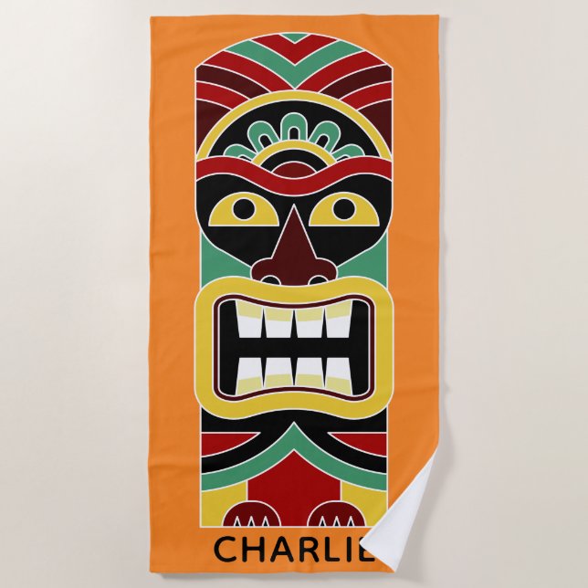 Cool Tiki Totem custom name & colour beach towel 2 (Front)