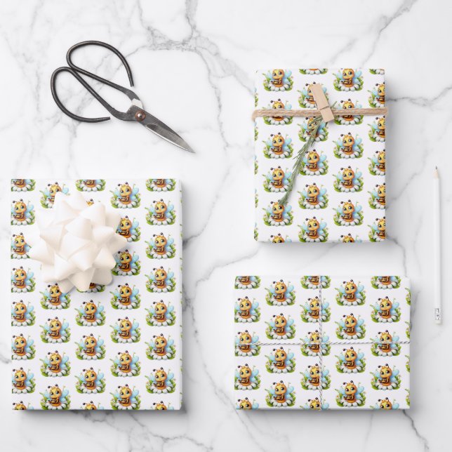 Cool tiled unisex baby bee pattern  wrapping paper sheet (Front)