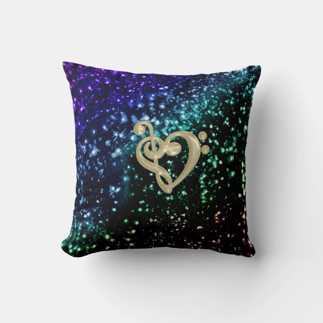 Cool Toned Glitter Gold Music Clef Heart Cushion (Front)