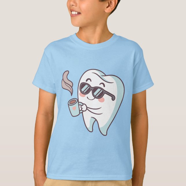 Cool Tooth Cartoon with Sunglasses & Coffee Mug T-Shirt (Front)