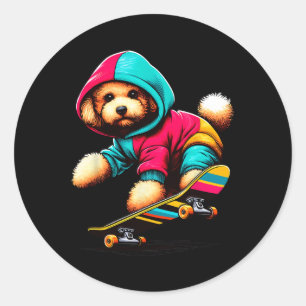 Cool Toy Poodle Dog Skateboarding Illustration Art Classic Round Sticker