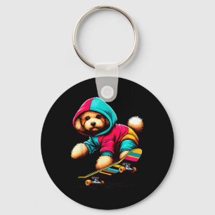 Cool Toy Poodle Dog Skateboarding Illustration Art Key Ring
