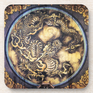 Cool traditional japanese oriental dragon wood art coaster