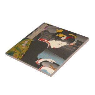 Cool traditional japanese woodprint classic geisha ceramic tile
