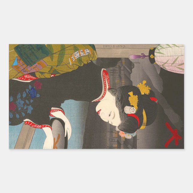 Cool traditional japanese woodprint classic geisha rectangular sticker (Front)