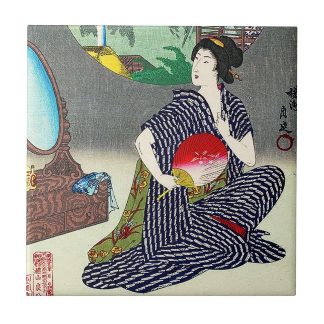 Cool traditional japanese woodprint geisha art ceramic tile (Front)