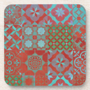 Cool, trendy Aegean tiles in red and blue Coaster